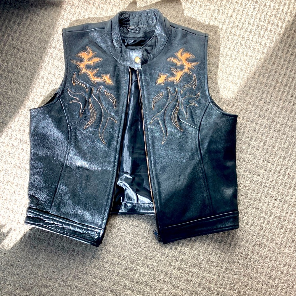 Vintage leather moto vest with embroidery